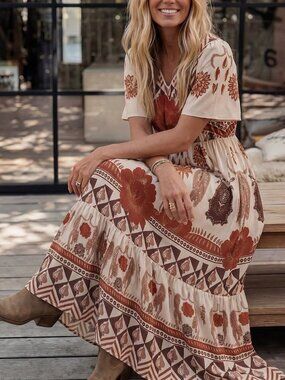 Multicolor Boho Women's Regular Fit Ruched V Neck Long Flounce Hem A-Line Dress